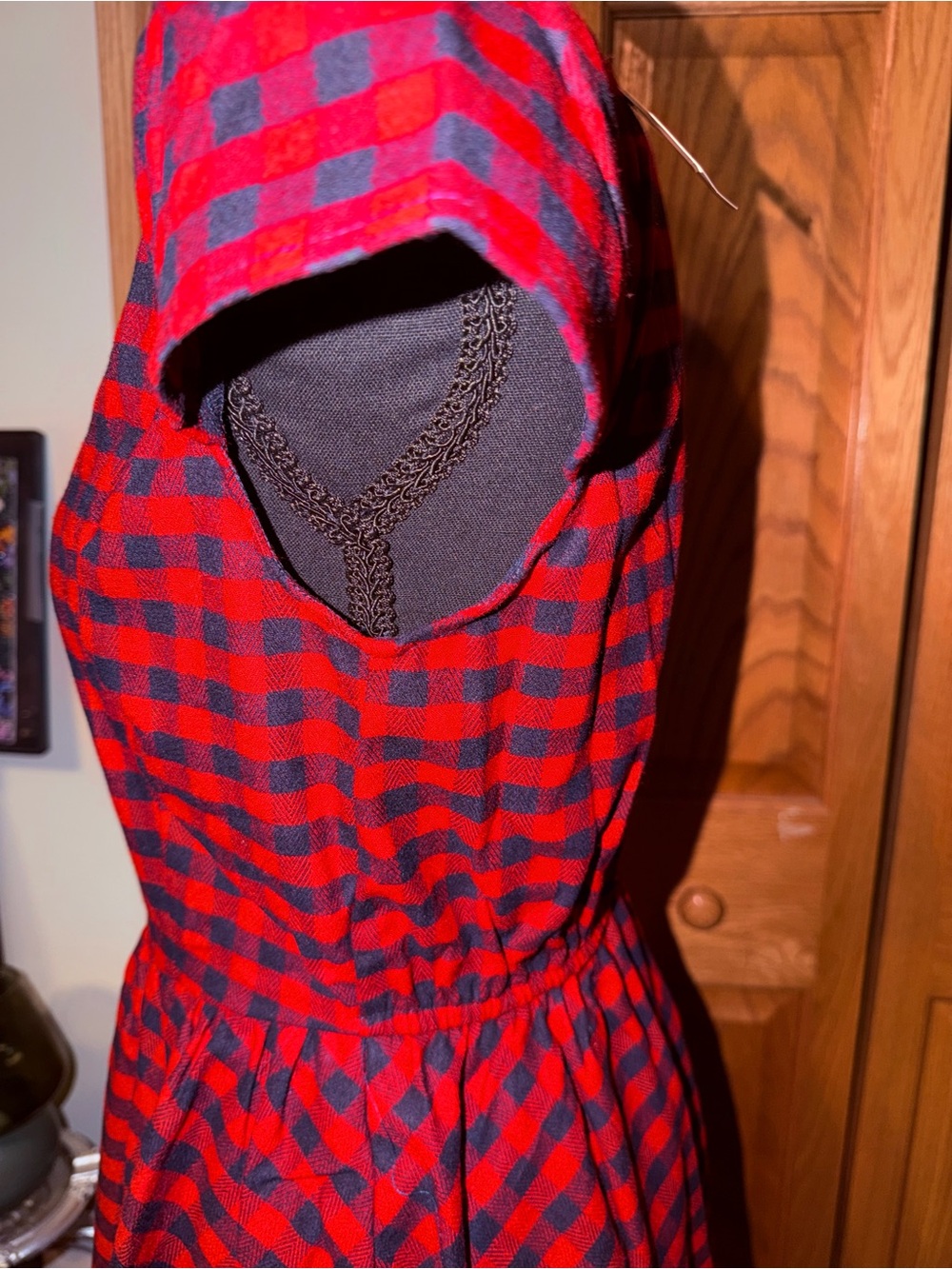Red and Black Check Midi Fit-and-Flare Dress - Picture 8 of 10
